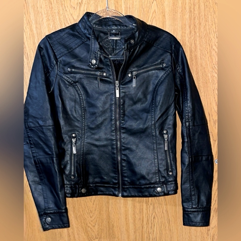 Women’s Black Lined Faux Leather Moto Jacket Size Medium